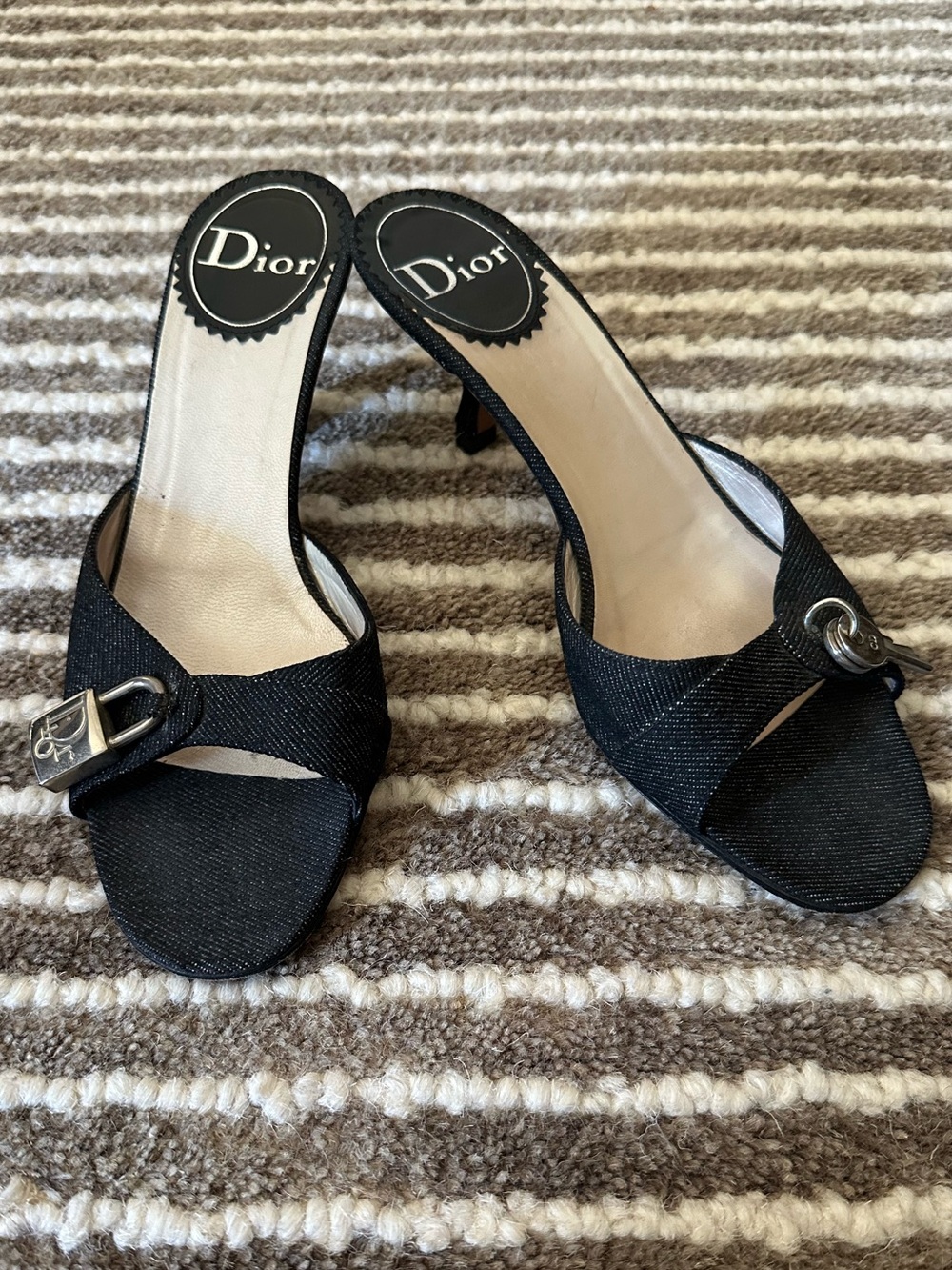 Vintage Christian Dior John Galliano Lock and Key Black Denim Heel Sandal